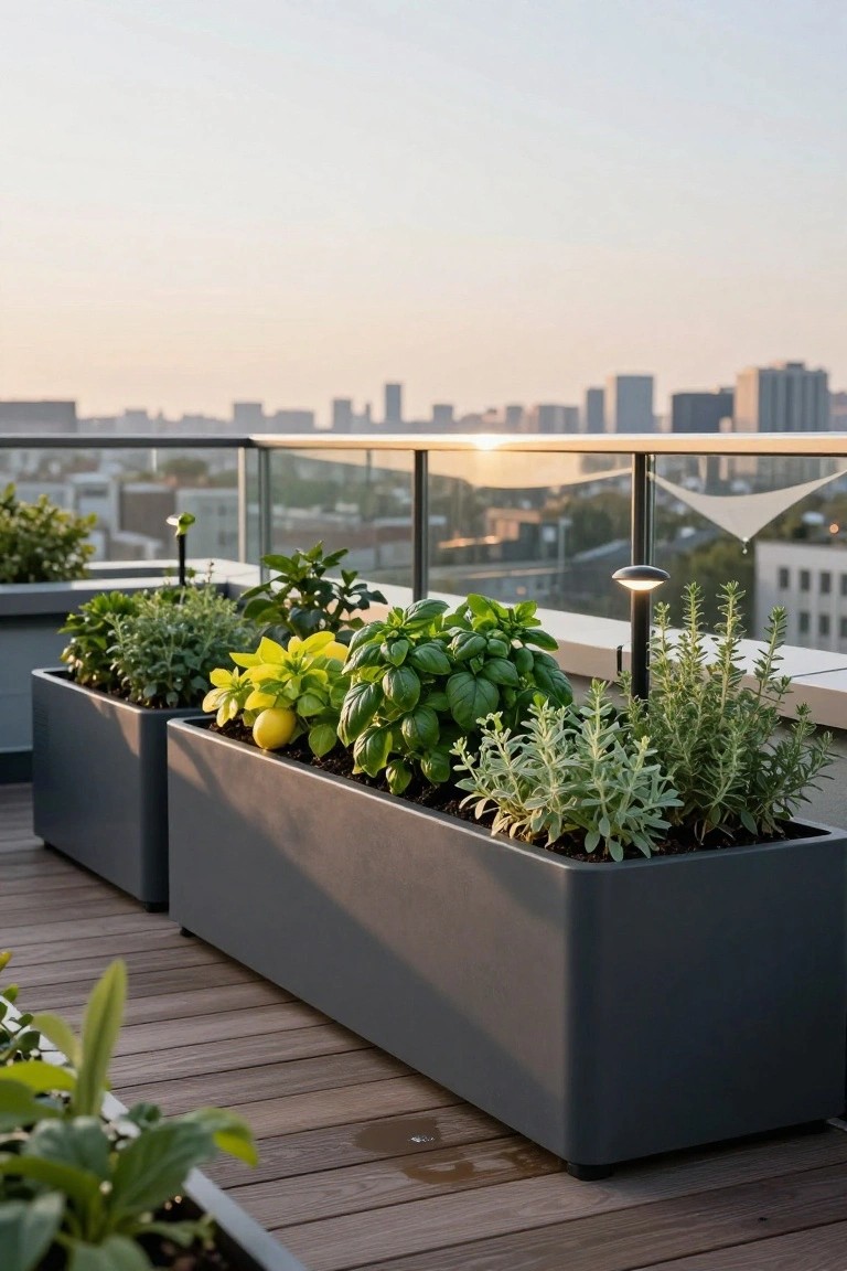 Rooftop balcony deck with two large gray rectangular planters containing herbs such as basil, rosemary, lamb's ear, and a small lemon tree, glass railing, and city skyline view at sunset.
