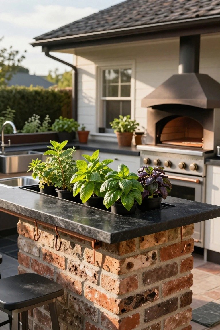 Outdoor kitchen island made of black stone with embedded black pots of green and purple basil plants, mint, and other herbs, stainless steel sink, and nearby wood-fired pizza oven and grill.