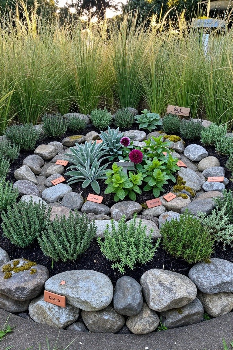 Circular garden bed bordered by natural rocks and filled with various labeled herb plants including thyme, lavender, and mint, surrounded by tall ornamental grasses.