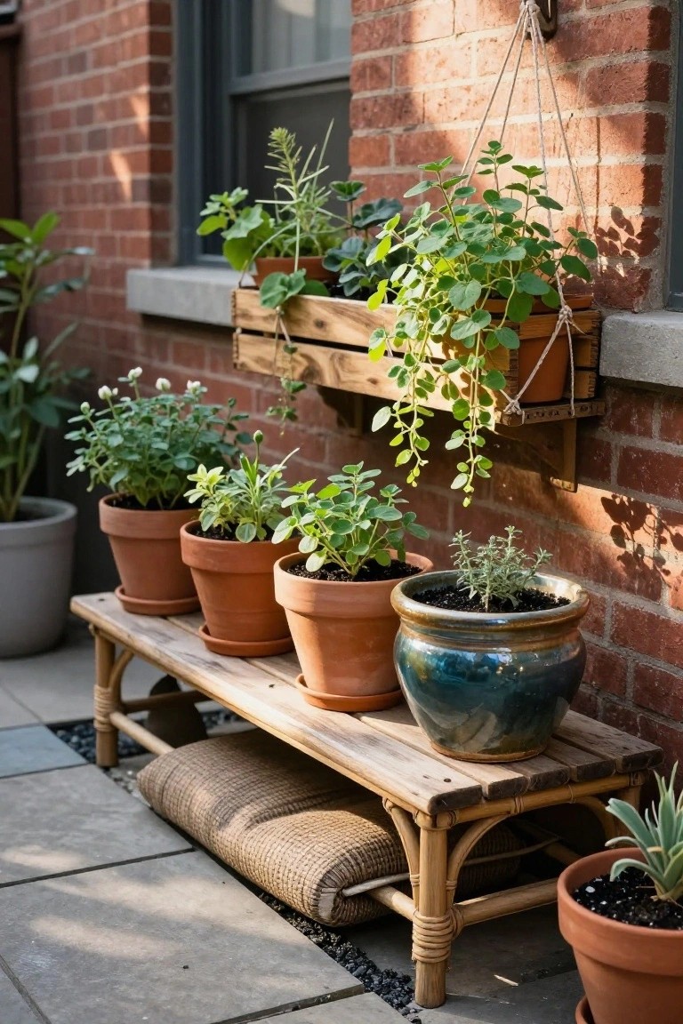 Wooden bench on a paved patio holding multiple terracotta pots of herbs, with a hanging wooden planter of greenery on a brick wall above and additional potted plants nearby.