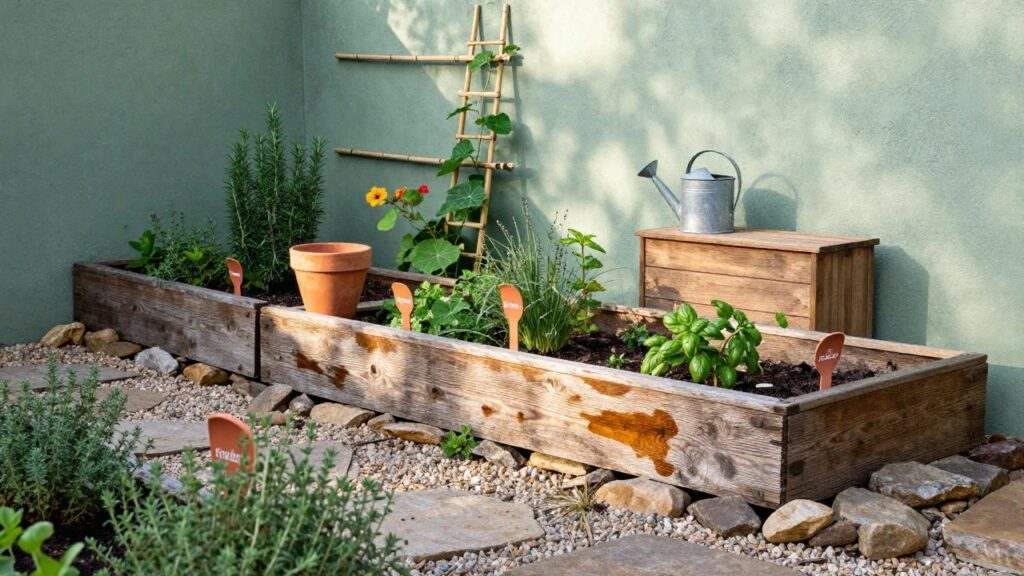Weathered raised wooden garden beds planted with herbs including basil and lavender, a bamboo trellis with pink flowering vines climbing it, rosemary plants nearby, a terracotta pot with a metal watering can, wooden storage box, against a pale green wall with gravel and stone ground cover.
