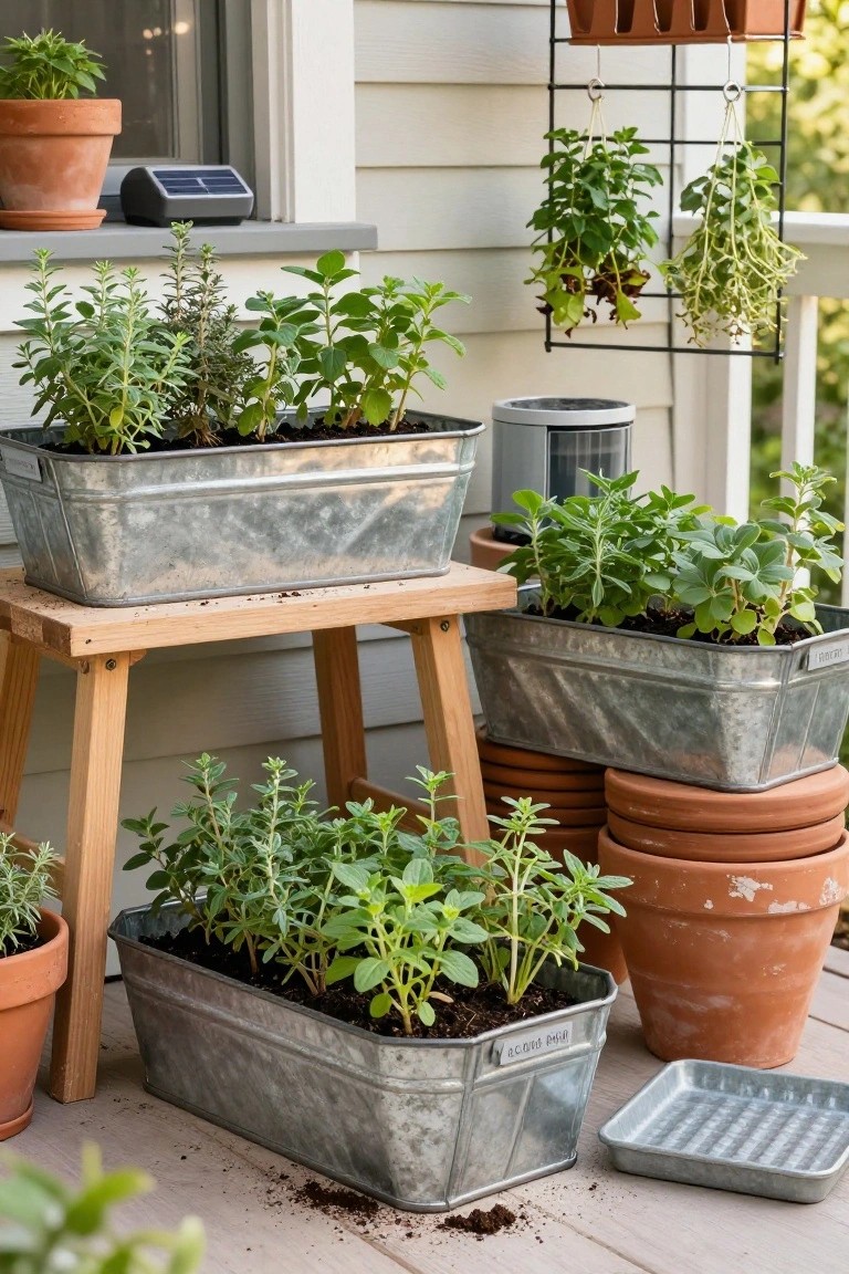 Herb plants in rectangular galvanized metal troughs and assorted pots arranged on a wooden stool and porch deck beside a house wall with hanging planters and window sill pots.