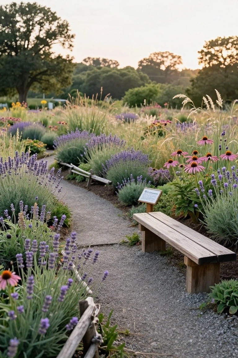 A winding gravel path edged with wooden rails and lined by lavender bushes, ornamental grasses, coneflowers, and other perennials leads to a wooden bench in a garden setting with trees in the background.