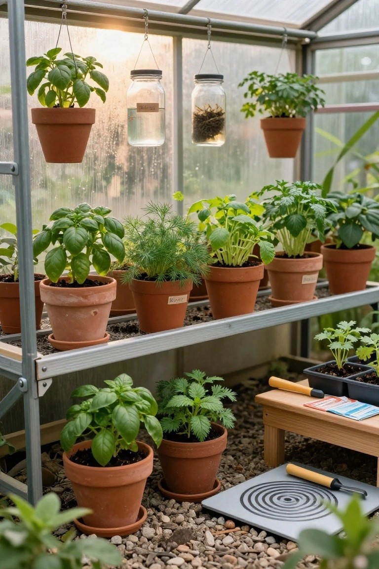 Greenhouse with tiered metal shelves holding terracotta pots of herbs like basil and dill, hanging planters overhead, jars on the gravel floor, and tools nearby.