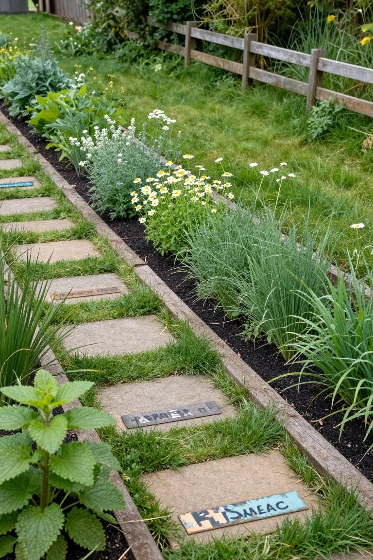 Wooden raised beds filled with herbs such as mint, chives, and daisies line a grass path with stone stepping stones, some labeled, next to a wooden fence in a backyard garden.