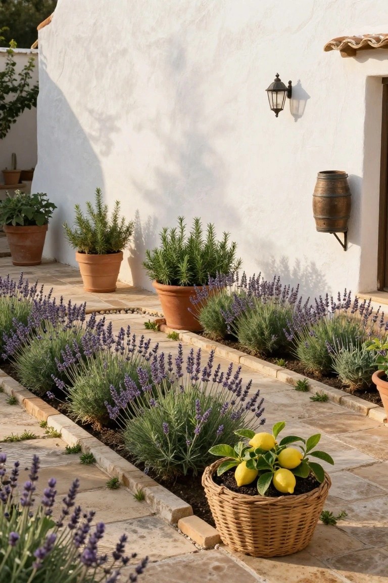 Stone pathway edged with raised lavender beds and surrounded by terracotta pots of herbs against a white stucco wall with a wall lantern and wooden barrel.