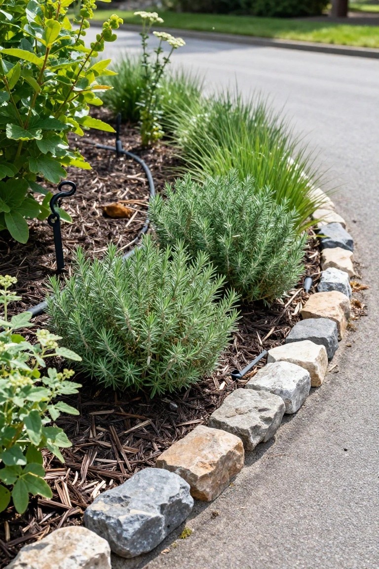 Curved garden bed edged with mixed gray and tan natural stones along a paved road, featuring rosemary bushes, ornamental grasses, and other green plants in wood chip mulch with black drip irrigation tubing.