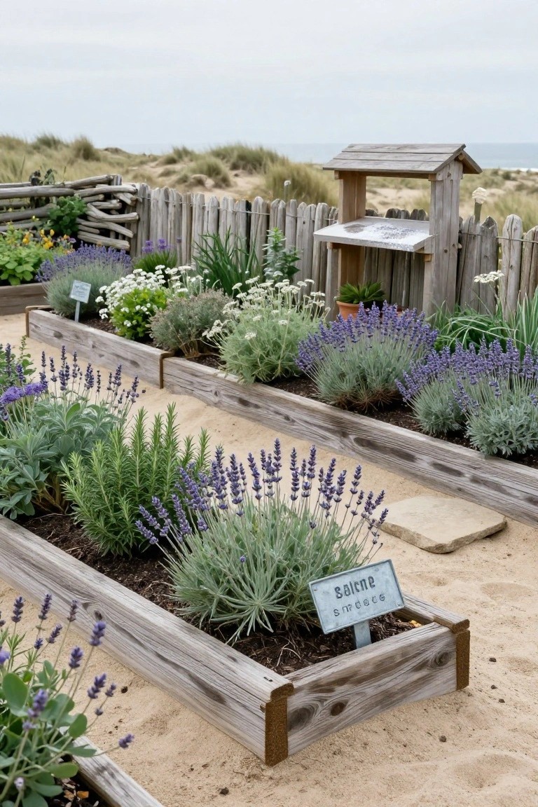 Raised wooden garden beds planted with lavender, rosemary, silvery shrubs, and other herbs along a sandy path near coastal dunes and ocean, featuring a wooden information stand and picket fence.