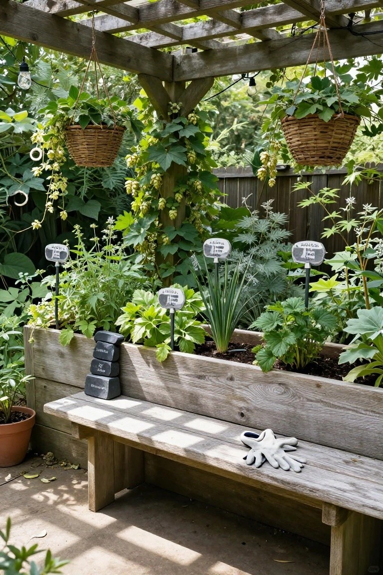 Rustic wooden pergola with hanging baskets and climbing hops over a raised planter box containing labeled herbs like mint and basil, next to a weathered wooden bench with white gardening gloves on the seat.