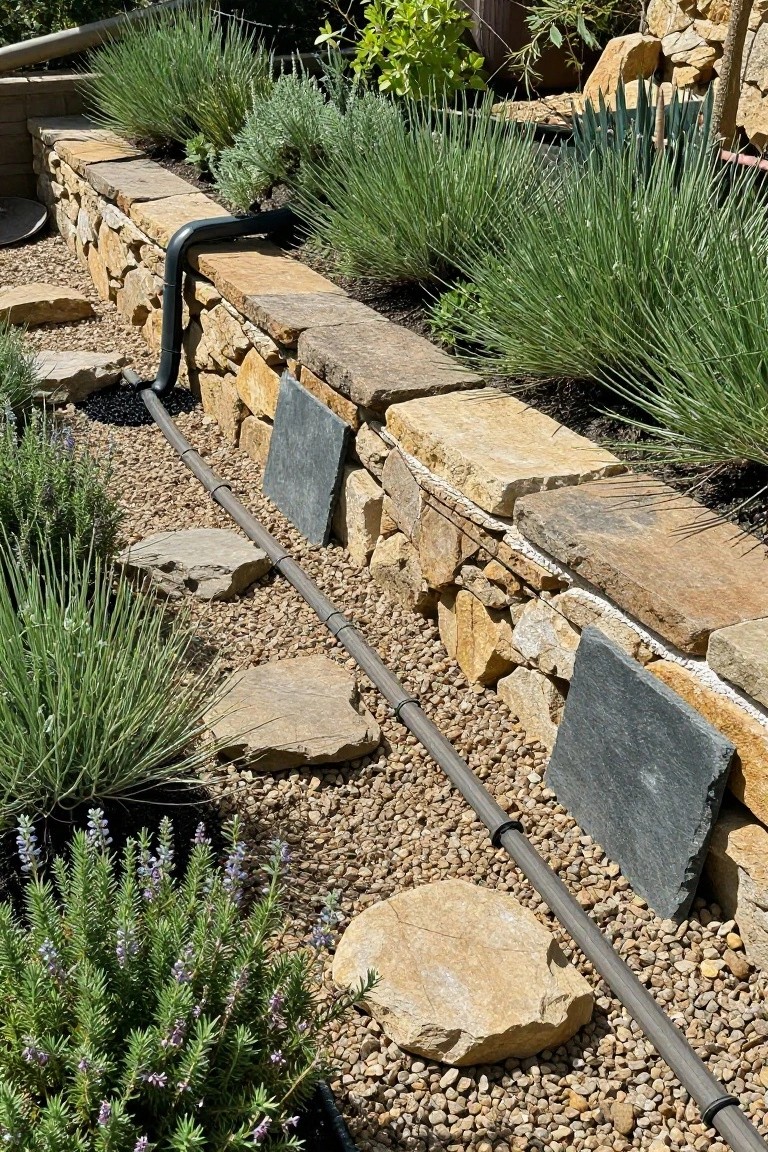 Stacked sandstone walls forming raised garden beds planted with lavender, grasses, and other herbs along a gravel path with black irrigation pipes.