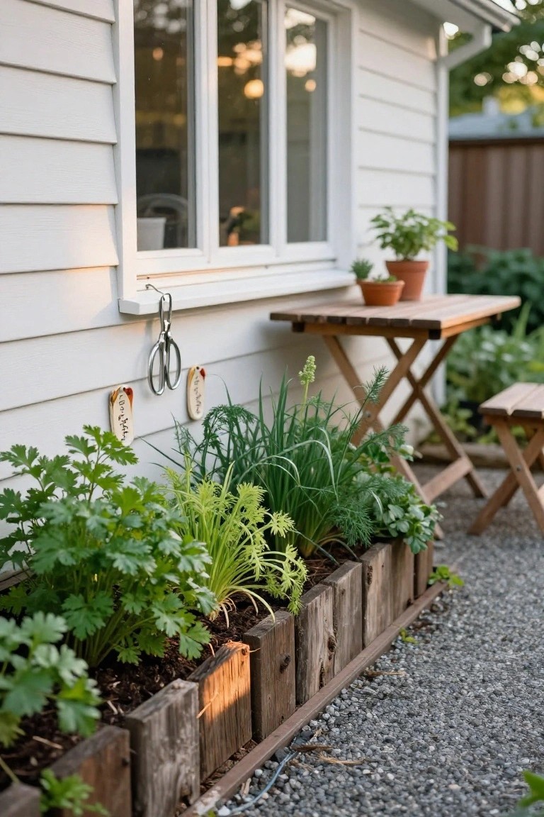 Weathered wooden raised planters filled with green herbs like parsley, chives, and dill lined up against a white house wall with a window above, small wooden table and stool nearby on gravel path.