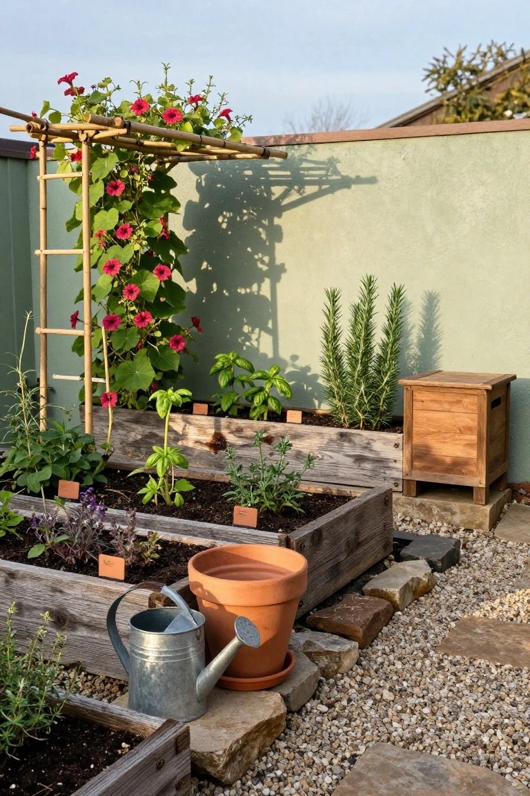 Weathered raised wooden garden beds planted with herbs including basil and lavender, a bamboo trellis with pink flowering vines climbing it, rosemary plants nearby, a terracotta pot with a metal watering can, wooden storage box, against a pale green wall with gravel and stone ground cover.
