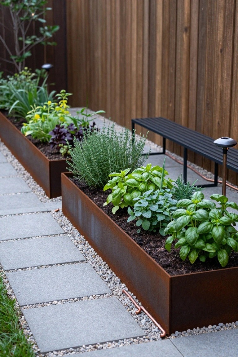 Two corten steel raised planters filled with green herbs including basil and thyme, positioned along a gray paver and pebble pathway beside a wooden fence, black metal bench, and solar light.