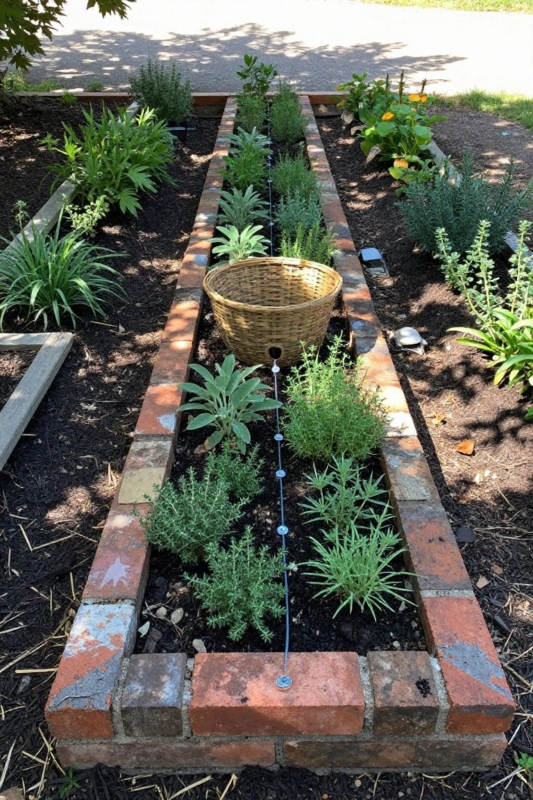 Linear raised garden bed constructed with red brick edging, filled with various green herbs such as rosemary, lavender, and thyme, and a wicker basket placed in the center along a mulched path.