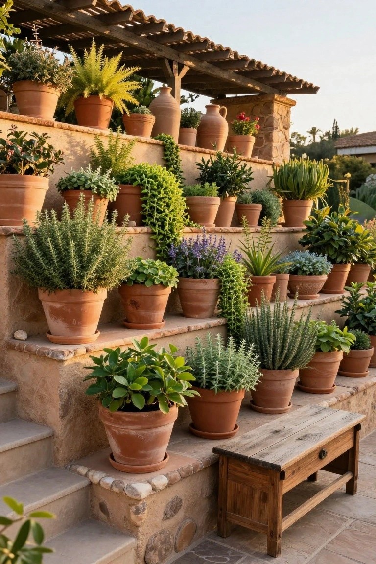 Stone steps with terracotta pots of various herbs, succulents, and green plants arranged in tiers, a wooden bench at the base, and a pergola overhead.