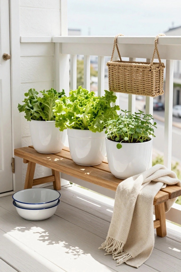 Wooden bench on a sunny balcony railing holding three white pots of leafy green lettuce and herbs, with a hanging woven basket nearby and two stacked white enamel bowls on the floor.