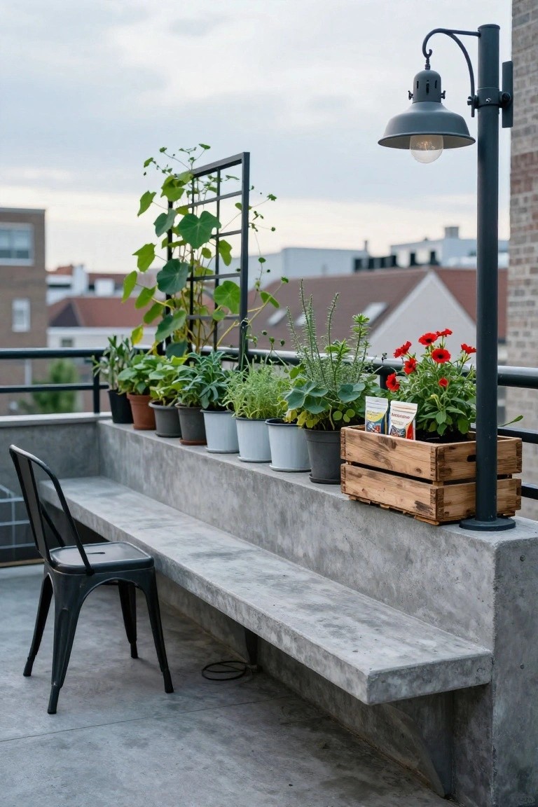 Gray concrete balcony ledge lined with assorted potted plants including herbs, vines on a black metal trellis, red geraniums, and a wooden crate planter, plus a black metal chair, lamp post, and urban buildings in the background.