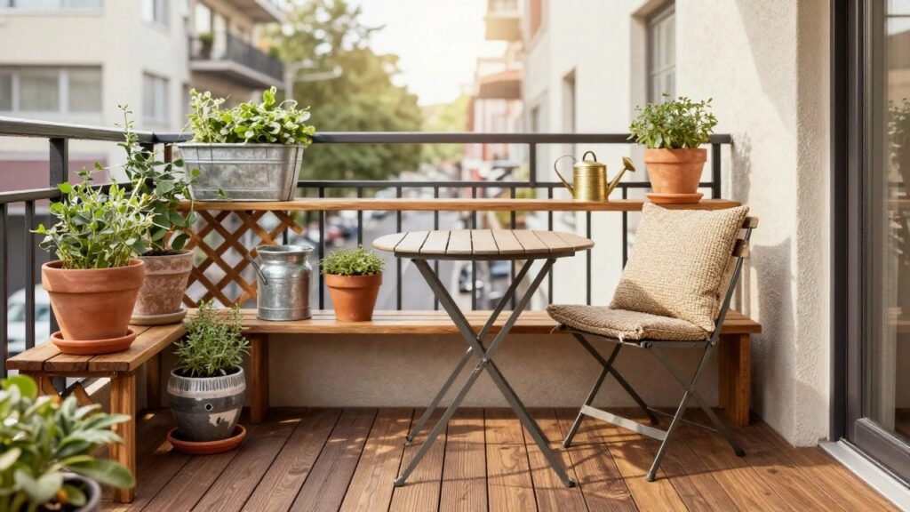 19 Practical Gardening in Pots Ideas for Flexible Small-Space Growing A narrow balcony railing with a wooden shelf lined with potted herbs in terracotta and ceramic pots, a small white round table holding a gold watering can, two wicker chairs with cushions, and additional plants on the wooden deck, overlooking brick row houses on a sunny day.