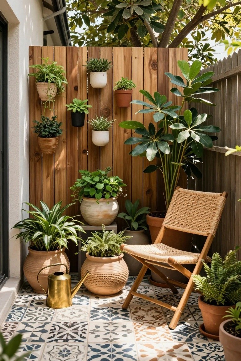 Small balcony area with wooden fence holding multiple hanging pots of green plants like pothos and succulents, floor-level terracotta pots, a folding rattan chair, brass watering can, and blue-white patterned tile floor.