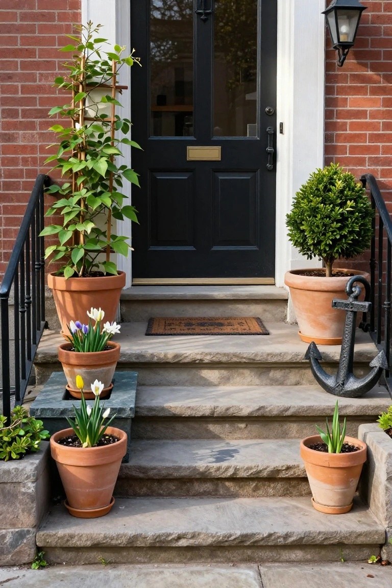 Brick townhouse front stoop with stone steps lined in terracotta pots of daffodils, irises, narcissus, and other spring plants, plus a potted climbing vine on trellis, boxwood topiary, and black metal anchor decoration next to black front door.