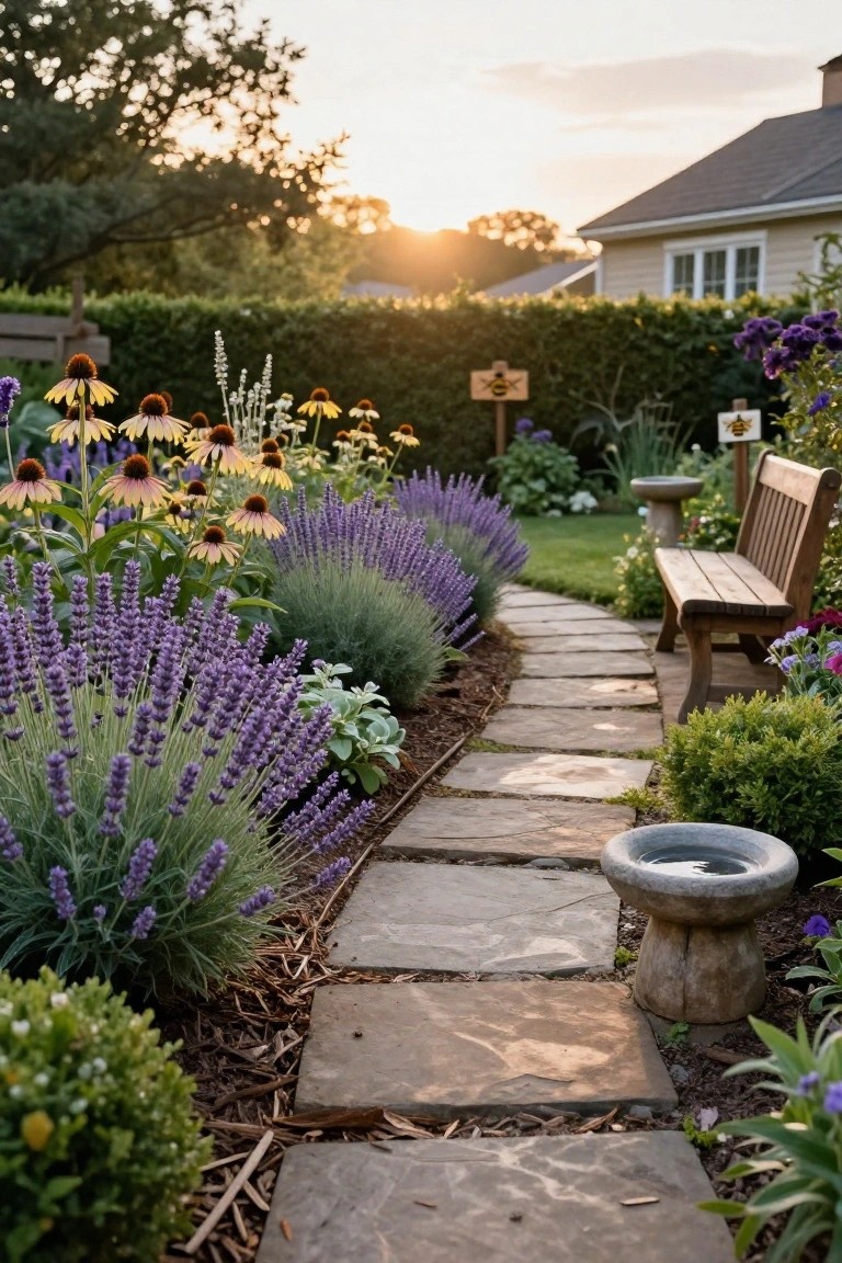 Stone pathway curves through garden beds with purple lavender, yellow coneflowers, ornamental grasses, a wooden bench, birdbath, and boxwoods, with a house and trees in the background at sunset.