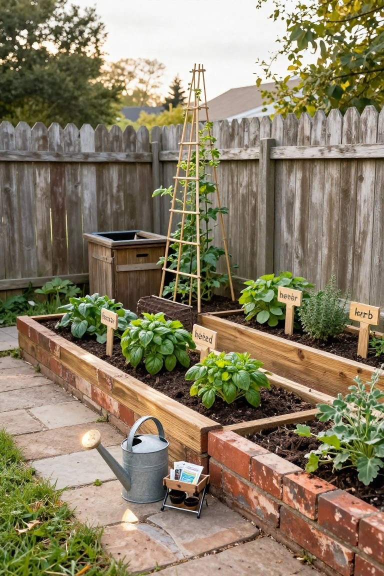 Raised brick and wood garden beds planted with basil, beans on a bamboo trellis, and herbs, with a metal watering can and seed tray on a stone path next to a wooden fence in a backyard.