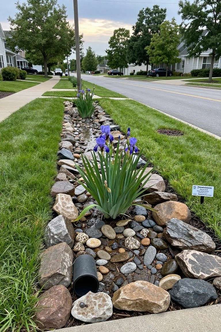 Narrow landscaped bed along a sidewalk with a dry creek bed of assorted rocks and pebbles, purple iris plants growing amid them, a black drain pipe visible, bordered by green grass lawns, and suburban houses with trees in the background.