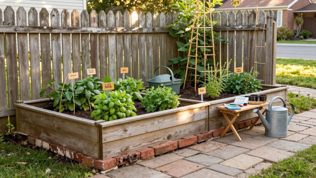 Raised brick and wood garden beds planted with basil, beans on a bamboo trellis, and herbs, with a metal watering can and seed tray on a stone path next to a wooden fence in a backyard.