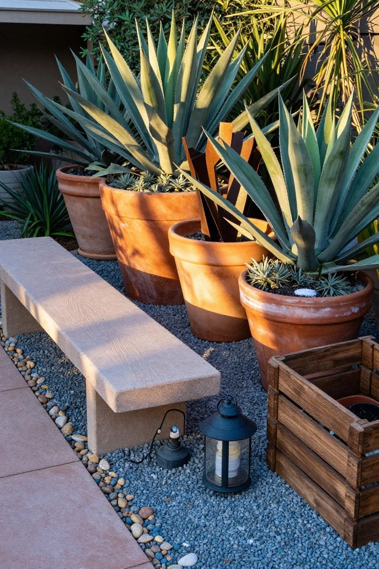 Several large terracotta pots with agave plants grouped on gravel ground near a stone bench, wooden crate, lantern, and house exterior wall.