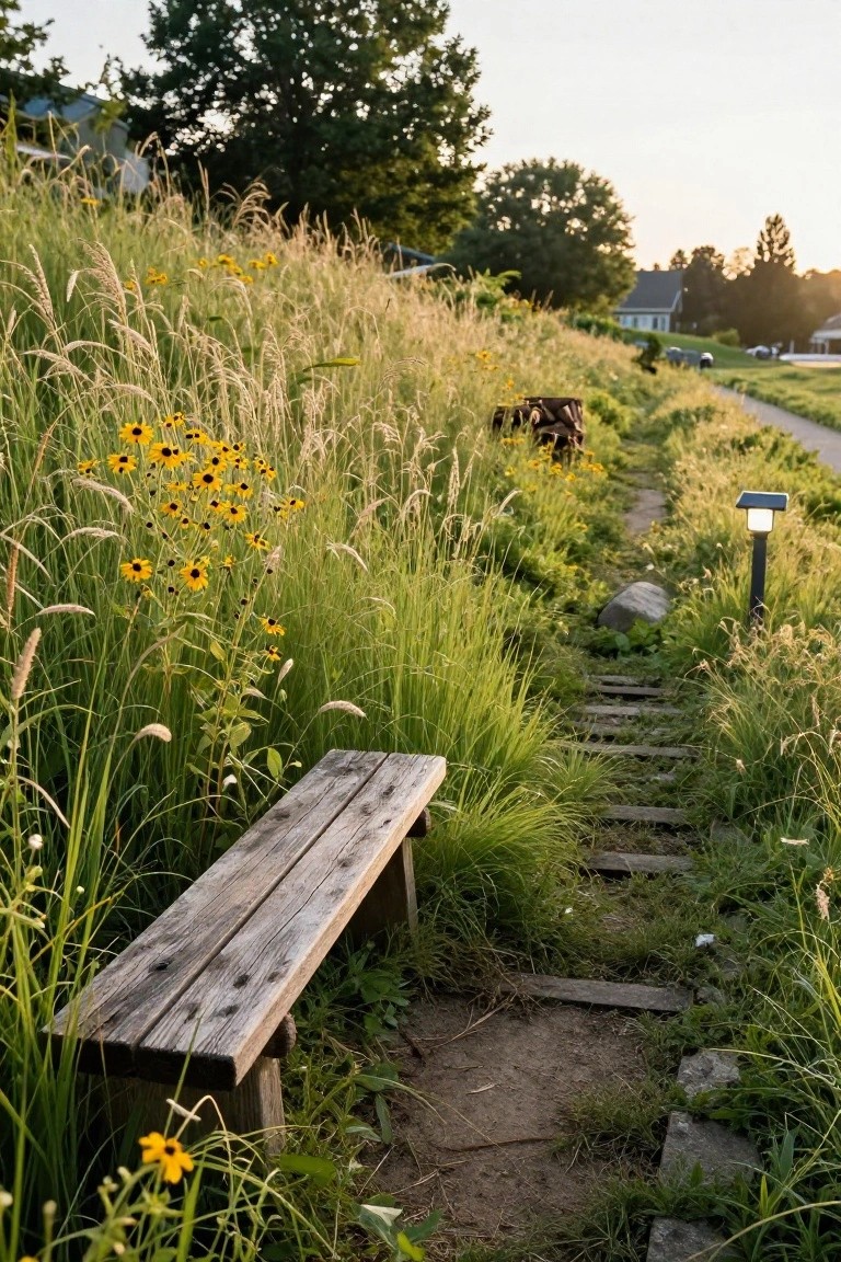 A weathered wooden bench beside a path of irregular stone and wooden steps winding through tall green grasses and clusters of yellow black-eyed Susan flowers on a grassy slope, with a solar light post, large rock, and houses in the background.
