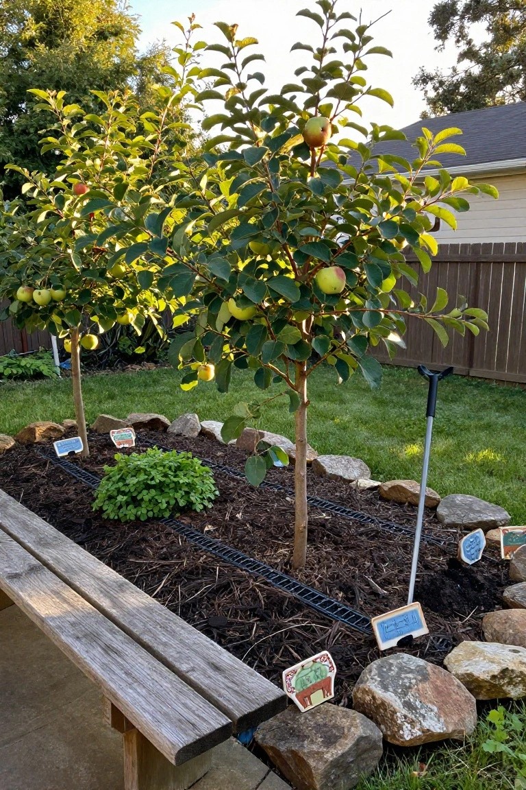 Two young apple trees with green leaves and small fruits planted in a rectangular raised mulch bed edged with rocks, next to a wooden bench and surrounded by labeled plant markers in a backyard garden.