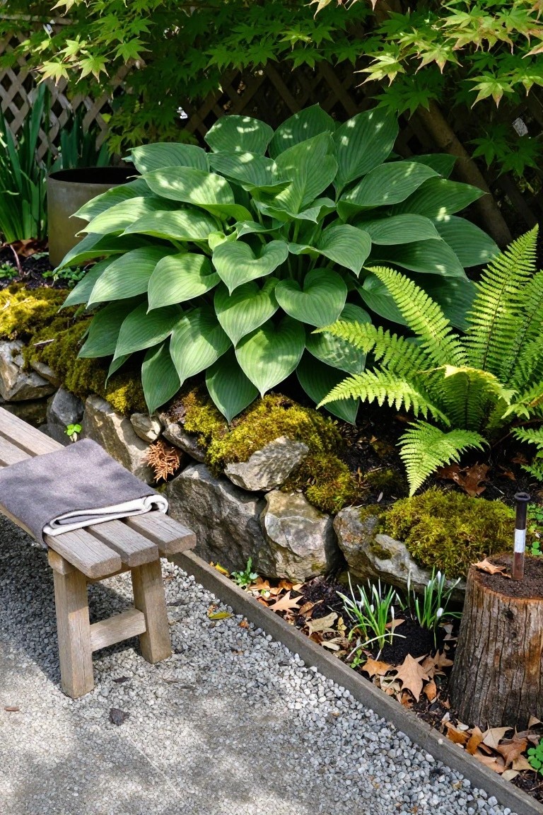 Wooden bench with folded gray towel next to moss-covered stone wall planted with large green hosta leaves and ferns, gravel ground cover, and small plants nearby in a garden.