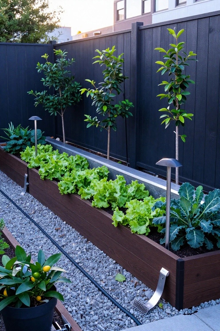 Wooden raised garden beds filled with lettuce and kale plants along a dark wooden fence, with young trees, gravel paths, drip irrigation lines, metal path lights, and potted citrus in a backyard.