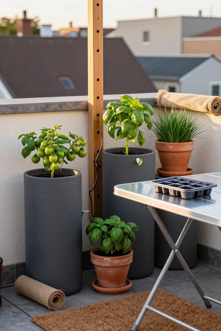 Balcony setup with potted green tomato plant, basil plants, and chives in gray and terracotta pots, folding metal table holding seed tray, rolled rugs, wooden post, and urban rooftop view.