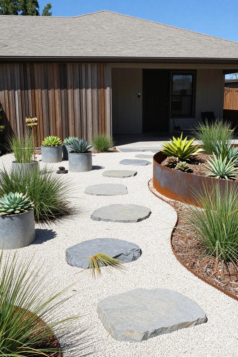 House entrance approached by a curved gravel path with irregular round stone stepping stones, surrounded by succulents in galvanized pots and curved rusted metal-edged planting beds with agave and grasses.