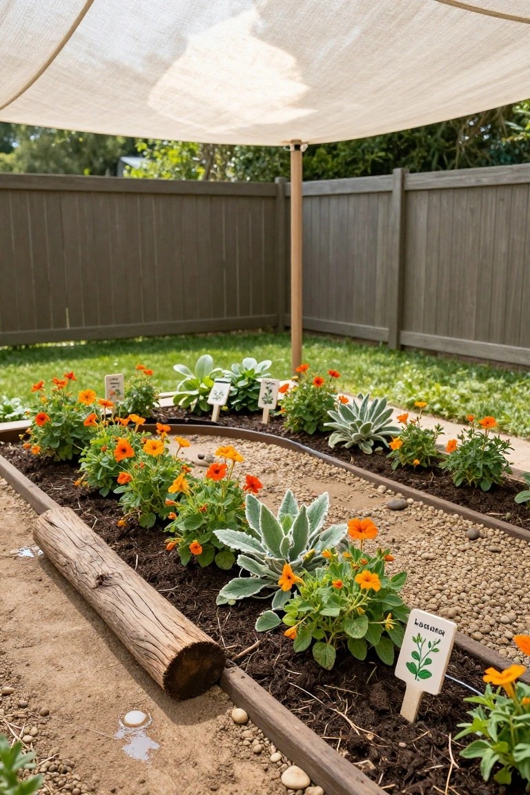 Curved raised garden bed in a backyard with wooden log border, dark soil, orange flowers, silver-leafed plants, labeled stakes, gravel path, wooden fence background, and white shade canopy overhead.