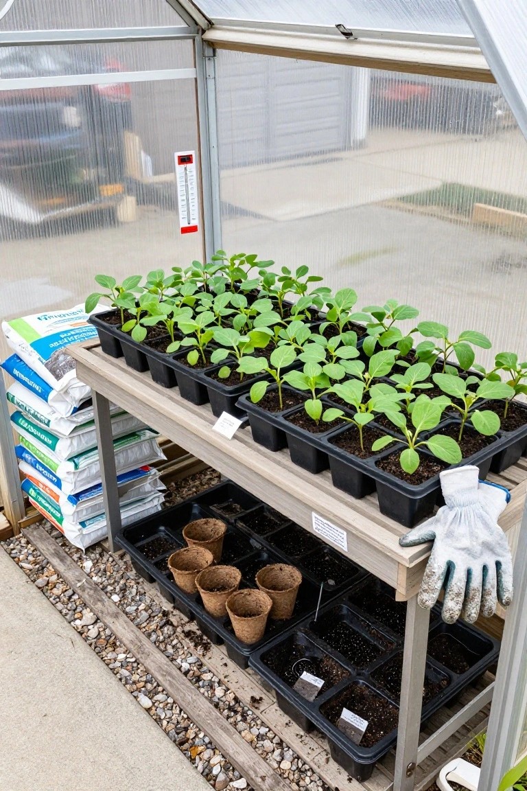 Wooden bench in a greenhouse holding multiple black seedling trays filled with young green plants, stacks of potting soil bags nearby, empty pots, and pairs of gardening gloves.