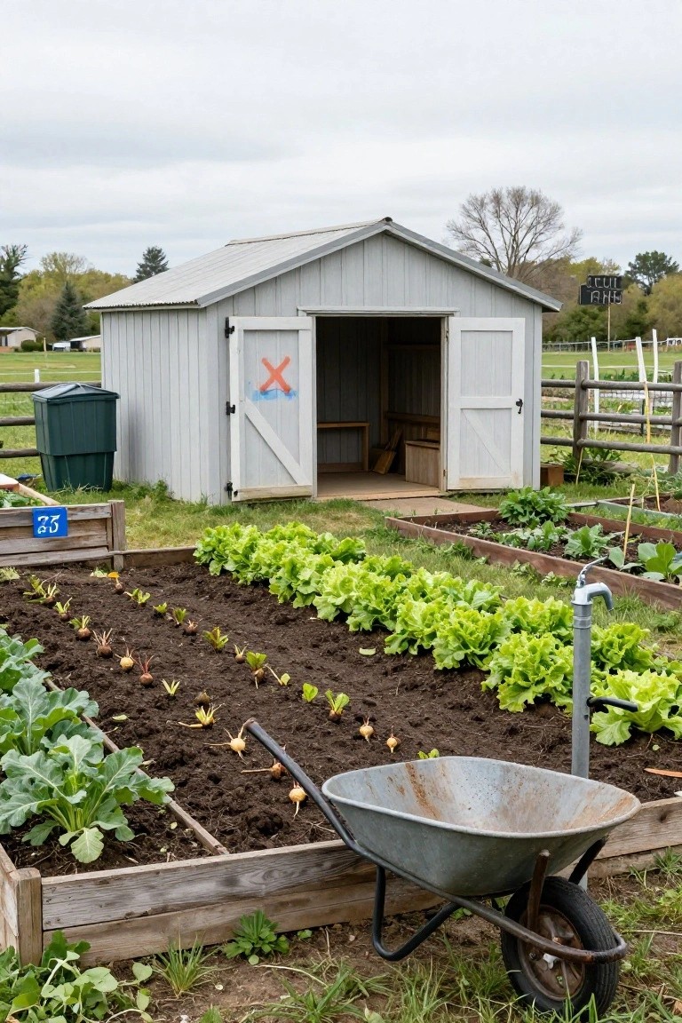 Gray wooden garden shed with open double doors and an X mark on one door, next to raised wooden beds with growing lettuce, beets, and other vegetables, a rusty wheelbarrow, green trash bin, and metal water faucet in an outdoor garden setting.