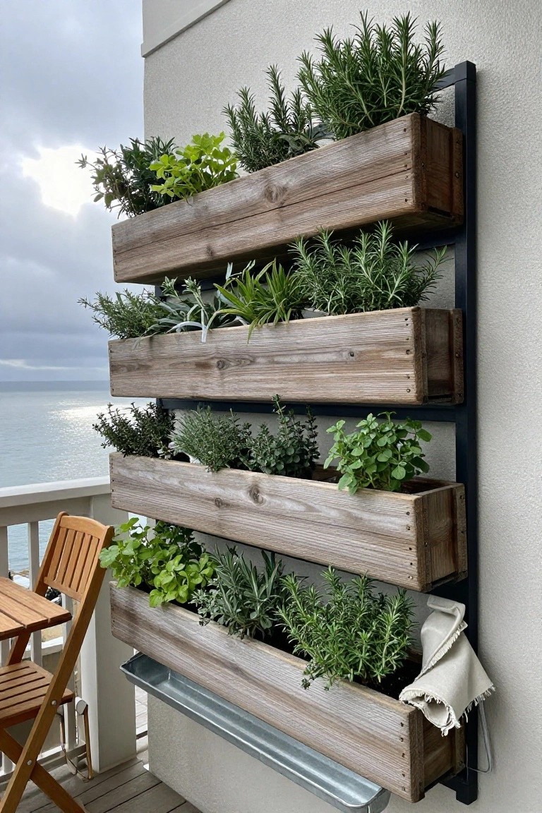 Tiered wooden planters mounted on a black metal frame against a white exterior wall on a balcony, filled with various green herbs and plants, with a wooden chair nearby and ocean view in the background.