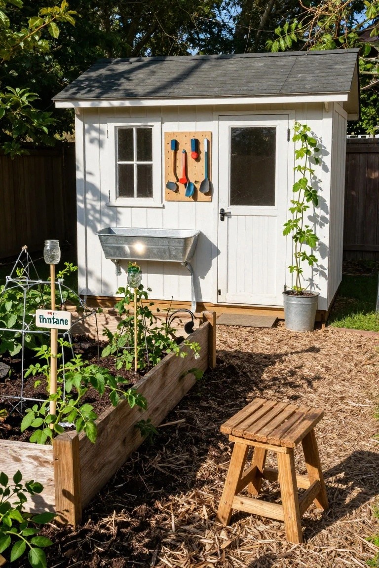 Small white wooden garden shed with pegboard holding red-handled tools, metal trough sink, and glass jar planters, next to wooden raised bed with tomato and herb plants on bamboo stakes, wooden stool on mulched ground.