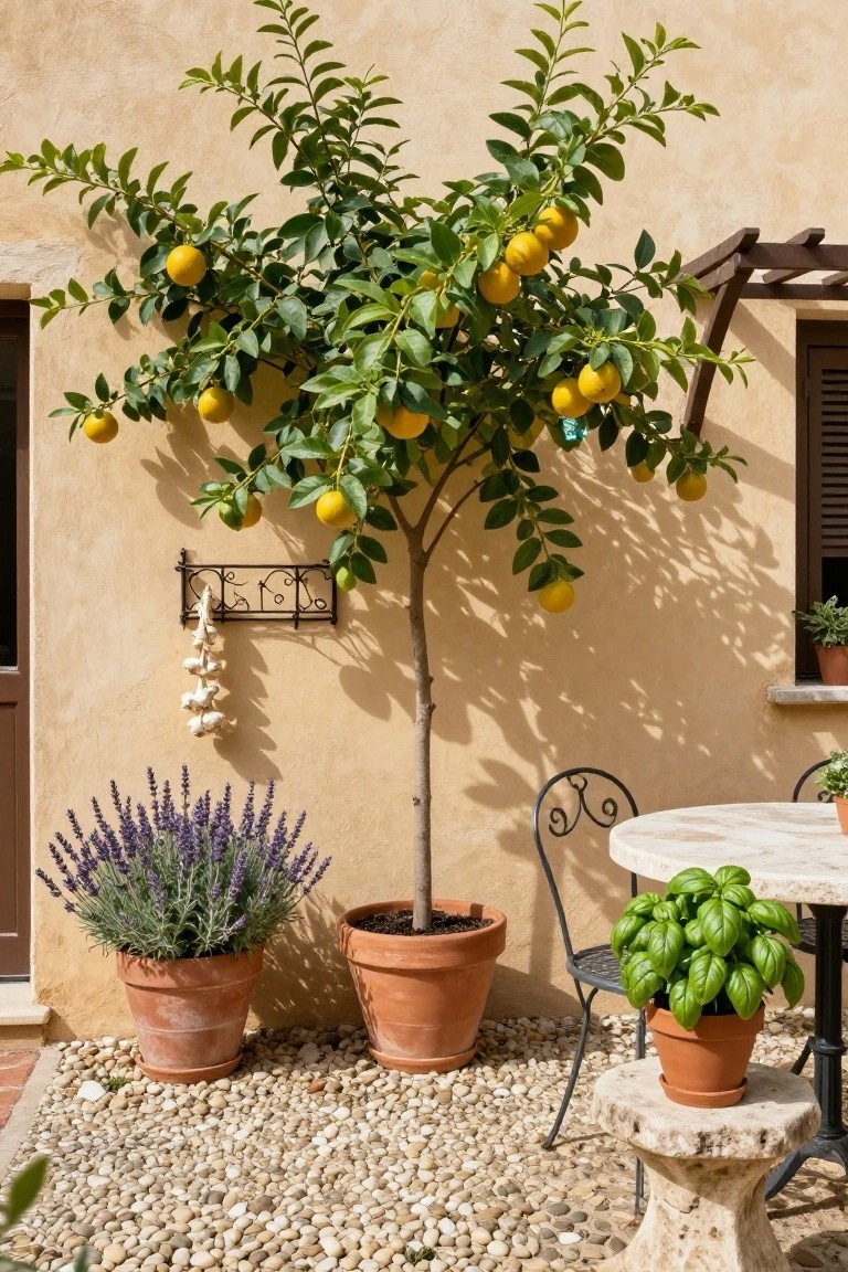 Potted lemon tree with ripe yellow lemons and green foliage next to a beige stucco wall, with lavender and basil in terracotta pots, a small metal table and chairs on gravel ground.