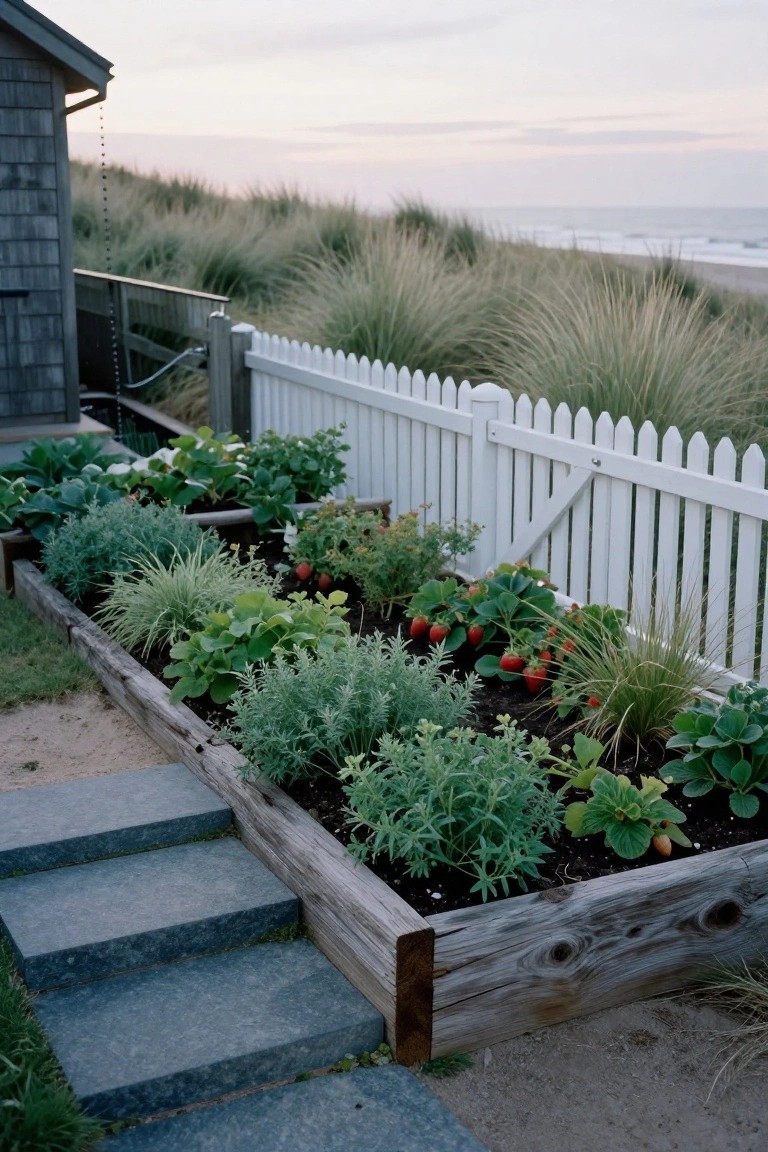 Wooden raised garden bed planted with strawberries, herbs, leafy greens, and ornamental grasses beside a white picket fence, shingled house, and beach dunes at dusk.