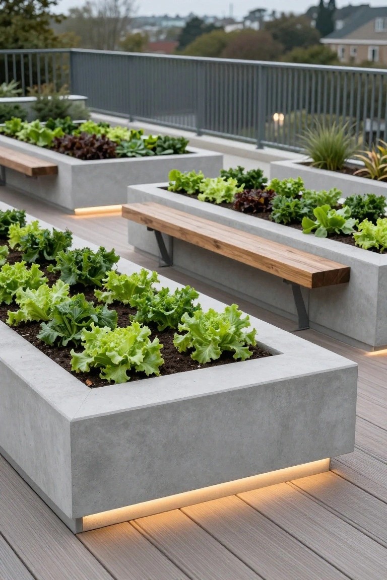 Rooftop balcony featuring gray concrete raised planters filled with various lettuces and greens, with wooden bench tops, integrated LED lighting underneath, black metal railings, and a wooden deck surface overlooking distant buildings.