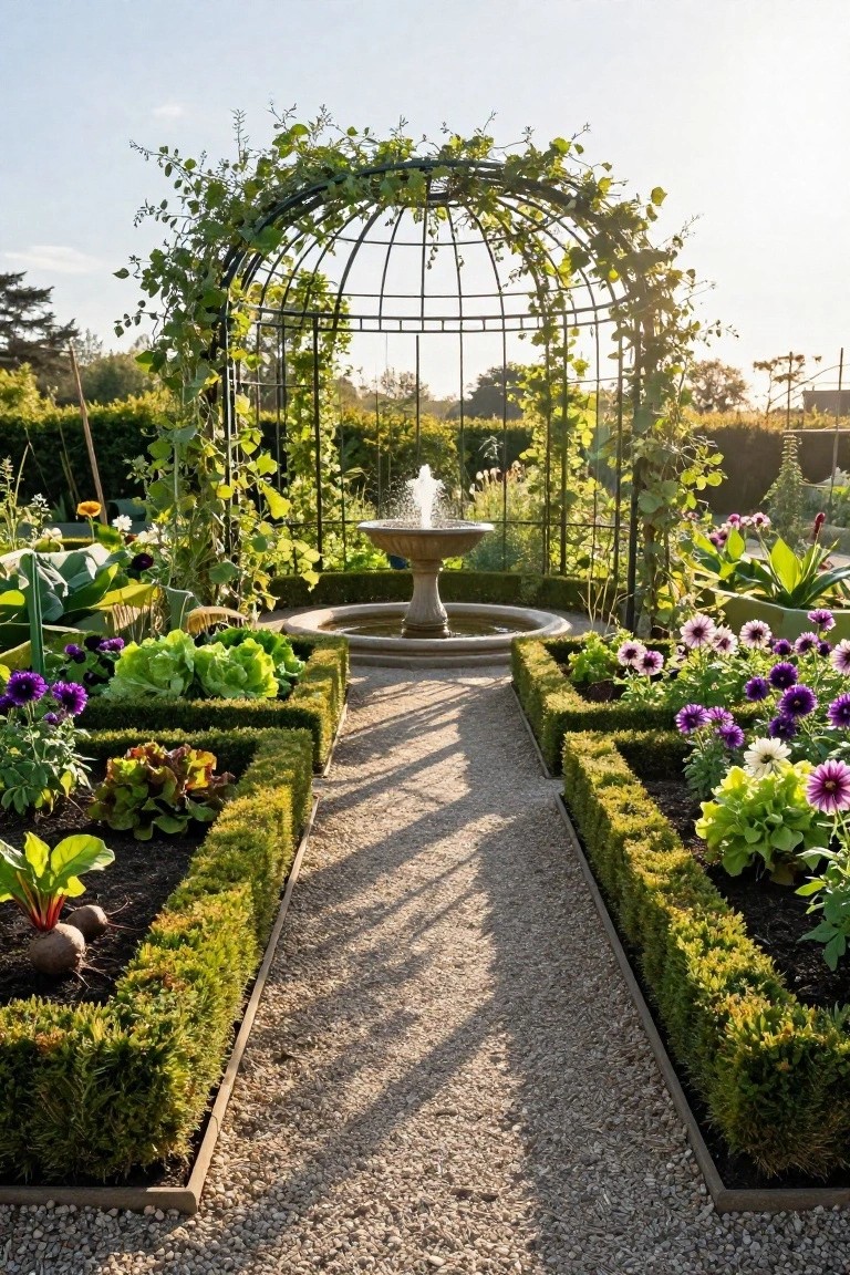 Symmetrical raised garden beds edged with boxwood hedges and filled with vegetables like lettuce and beets plus flowers, flanking a gravel path leading to a stone fountain under a vine-covered arched metal trellis, with trees and sky in the background.