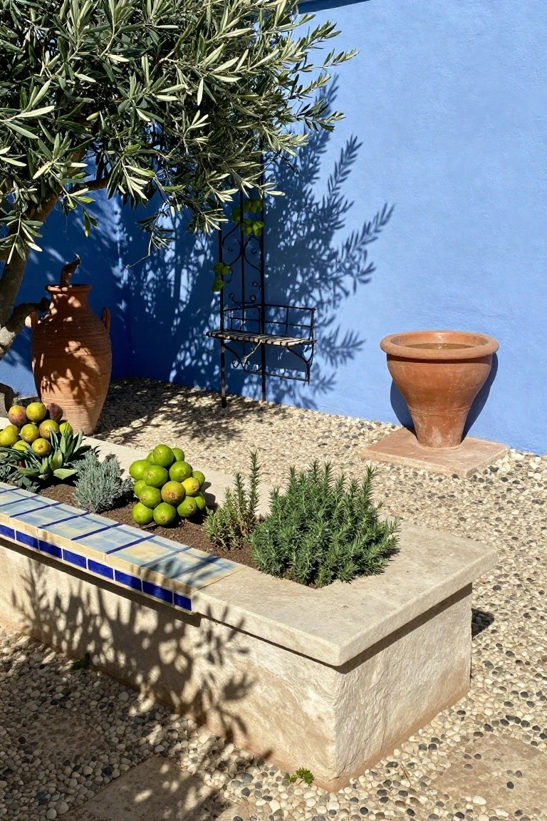 Outdoor gravel garden area with olive tree casting shadows on blue wall, terracotta pots, metal bench, and stone raised bed edged in blue tiles containing limes, succulents, and rosemary plants.
