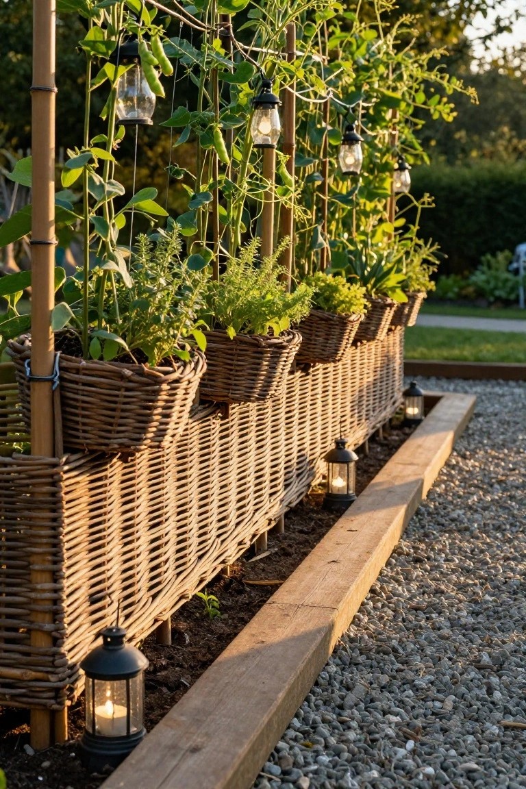 Bamboo trellis with climbing bean vines and hanging glass jar planters along one side, wicker basket planters filled with herbs mounted on a woven fence-like wall, black lanterns on a wooden edge beside a gravel path.