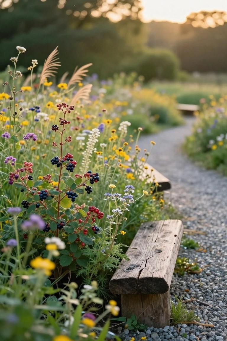 A winding gravel path in a garden lined with colorful wildflowers, berry bushes bearing purple, black, and red berries, and a rustic wooden bench at the edge during golden hour light.