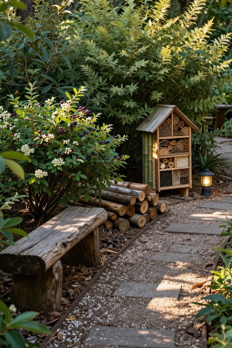 A tall wooden and bamboo bee hotel filled with reeds, logs, and bundles stands in a garden beside stacked firewood logs, a rustic wooden bench, stone pavers, gravel path, berry shrubs, ferns, and a lit lantern.