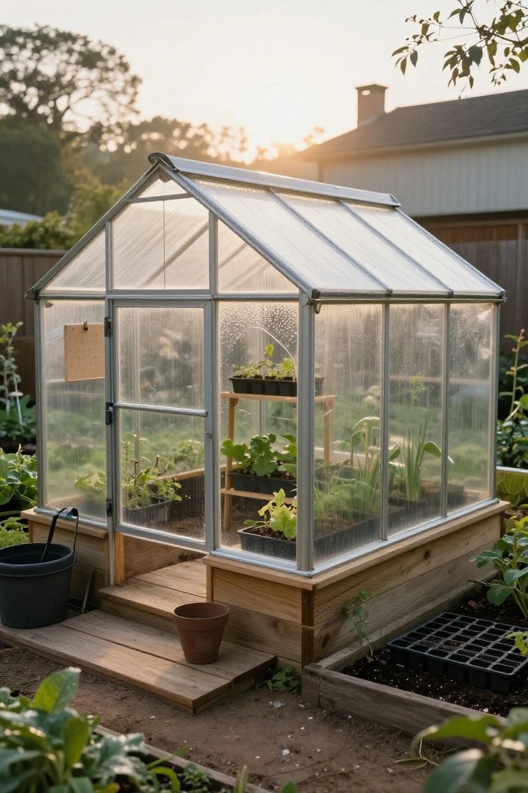 Small glass greenhouse on a wooden raised platform in a backyard, filled with potted plants and seedlings, surrounded by garden beds and trays at sunset.