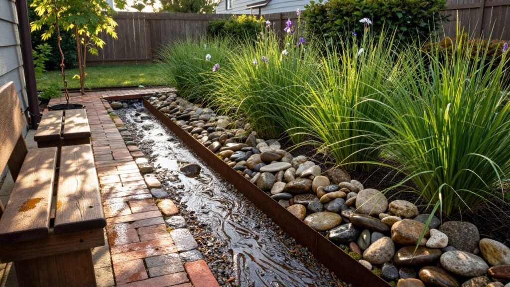 19 Sustainable Gardening Ideas for an Eco-Friendly Backyard Garden bed edged with rusted metal containing a narrow channel of water over assorted rocks, surrounded by green ornamental grasses, purple irises, and mulch, adjacent to wooden benches and a black downspout.